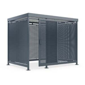 Gesloten fietsenstalling met deur en donkere geperforeerde stalen wanden – voor bedrijven en instellingen