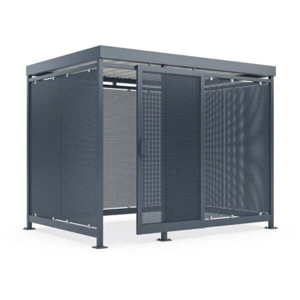 Gesloten fietsenstalling met deur en donkere geperforeerde stalen wanden – voor bedrijven en instellingen