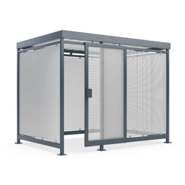 fietsenberging bestellen van staal Gesloten fietsenstalling van staal met deur en geperforeerde zijwanden in donkere kleur – geschikt voor bedrijven en instellingen