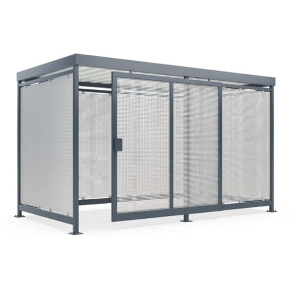 Stalen fietsenstalling bestellen met deur voor bedrijven en instellingen Gesloten fietsenstalling van staal met lichte geperforeerde panelen en deur – ideaal voor bedrijven en instellingen