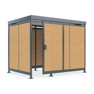 Compacte fietsenberging met hout aan de wanden, frame van verzinkt staal