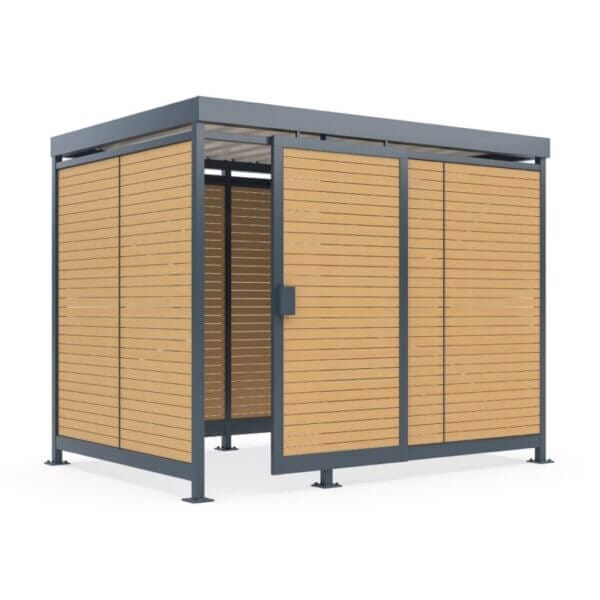 Compacte fietsenberging met hout aan de wanden, frame van verzinkt staal