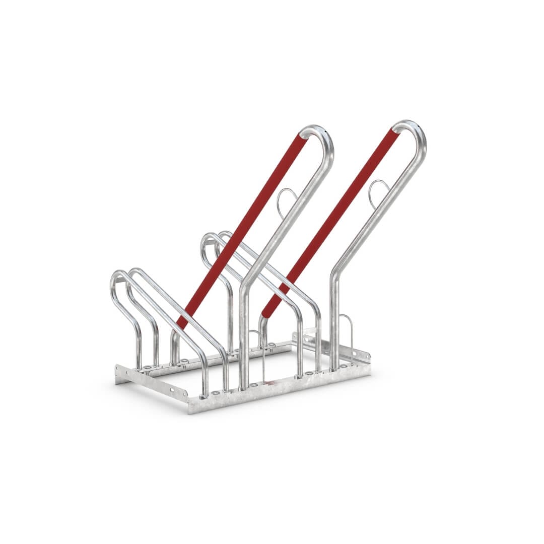 fietsenrek-2500-2-fietsplekken-direct-aanschaffen Compact fietsenrek 2500 met 2 fietsplekken en geïntegreerde rode beugels voor aanbindsloten.