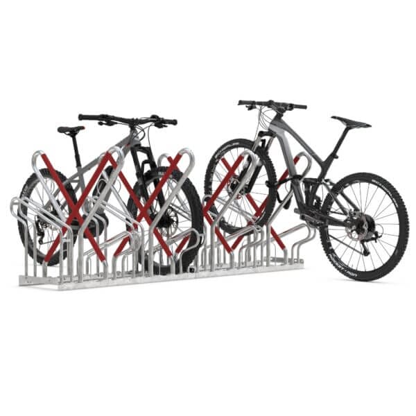 Fietsenrek voor 10 fietsen, dubbelzijdig direct bestellen Dubbelzijdig fietsenrek voor 10 fietsen met beschermbeugel en slotoog, geschikt voor brede banden