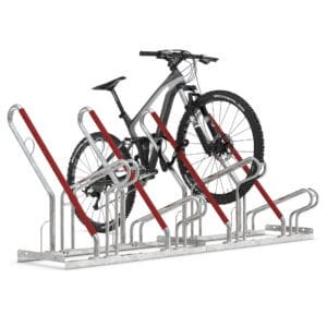 Enkelzijdig fietsenrek 5 plaatsen met slotoog, valbeugel met rubber en hoog-laag systeem