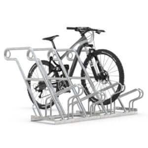 Verzinkt fietsenrek voor 4 fietsen met hoge en lage opstelling en slotoog voor extra beveiliging.