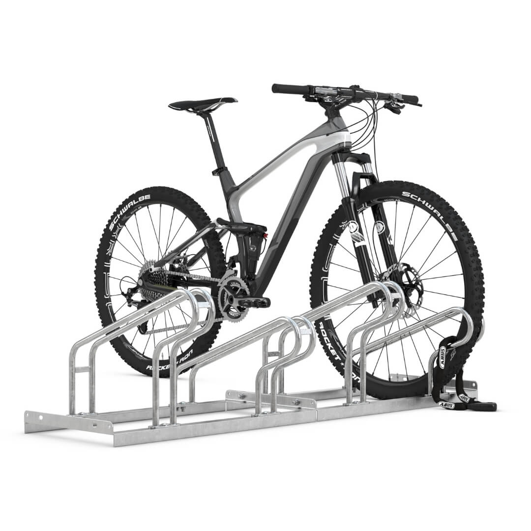 Fietsenrek voor 4 fietsen, enkelzijdig met 55 mm brede banden en lage instap, verzinkt staal