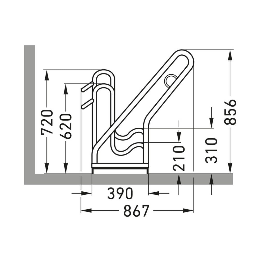 Zijaanzicht technische tekening fietsenrek brede banden met afmetingen in mm