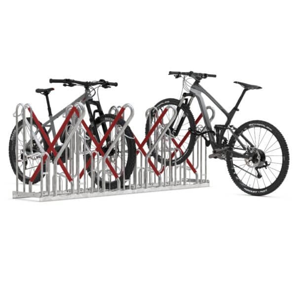 Fietsenrek voor 8 fietsen met wielondersteuning en slotoog Dubbelzijdig fietsenrek voor 8 fietsen met extra voorwielondersteuning en beschermde valbeugels