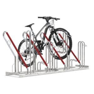 Dubbelzijdige fietsenrek voor 4 fietsen met valbeugel, slotoog en voorwielondersteuning