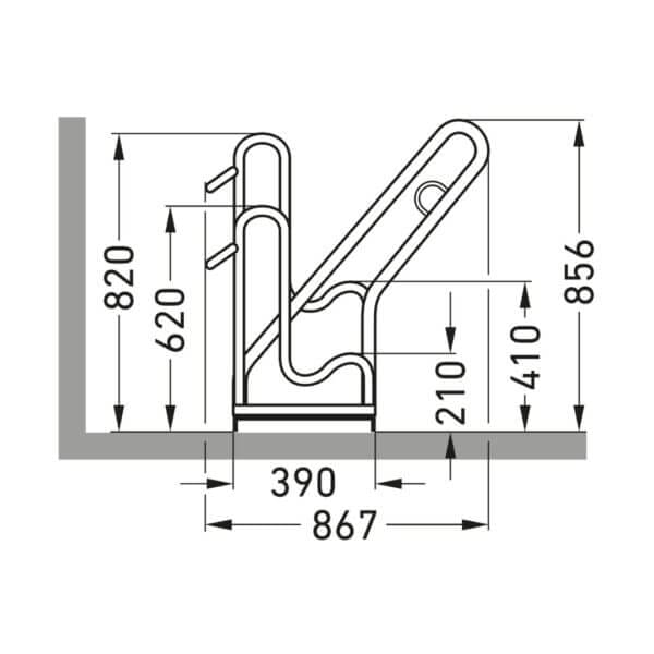 Technische specificaties fietsenrek voor 2 fietsen Technische tekening fietsenrek voor 2 fietsen, afmetingen breedte 867 mm en hoogte tot 856 mm