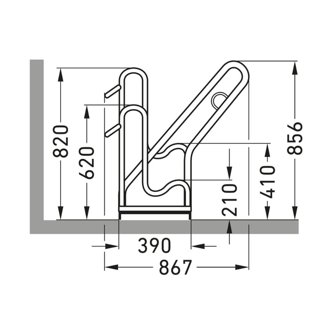 Technische tekening fietsenrek voor 2 fietsen, afmetingen breedte 867 mm en hoogte tot 856 mm