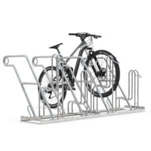 Enkelzijdig fietsenrek voor 4 fietsen met hoog-laag opstelling en valbeugel.