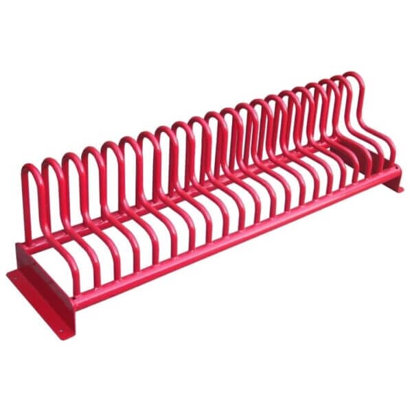 Rood stalen fietsenrek met hoge wielbeugels voor meerdere fietsen