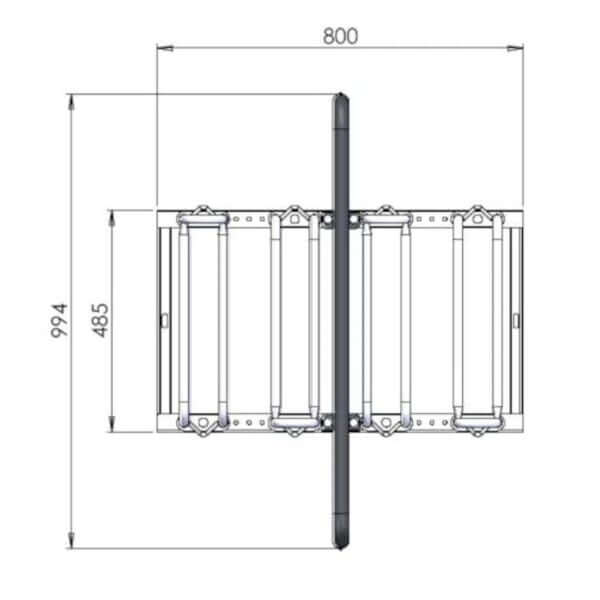 Fietsenrek met oplaadmogelijkheid Tekening fietsenrek met geïntegreerd oplaadpunt voor elektrische fietsen.