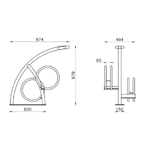 fietsenrek-strike-tekening Technische tekening van fietsenrek Strike met maatvoering van hoogte, diepte en lengte.