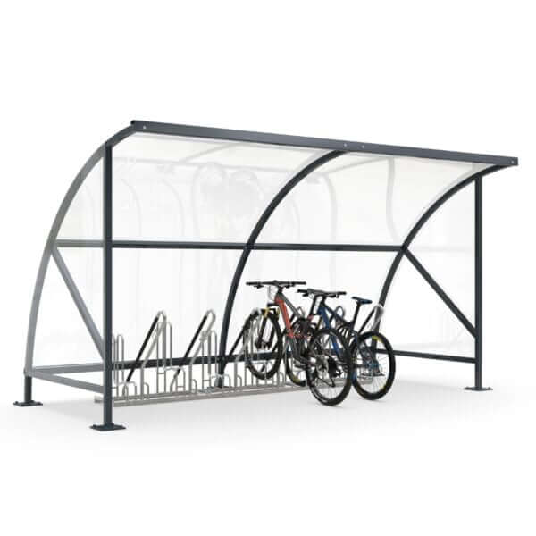 Compacte fietsenstalling Kleine fietsenstalling van staal en polycarbonaat in zwart en voorzien van fietsenrek.