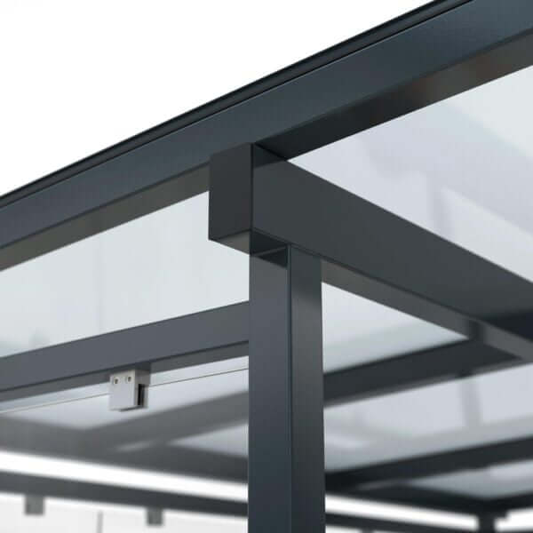 Sterk stalen frame met glazen dak voor WSM overkapping Detailfoto stalen frame met glazen dak van WSM overkapping