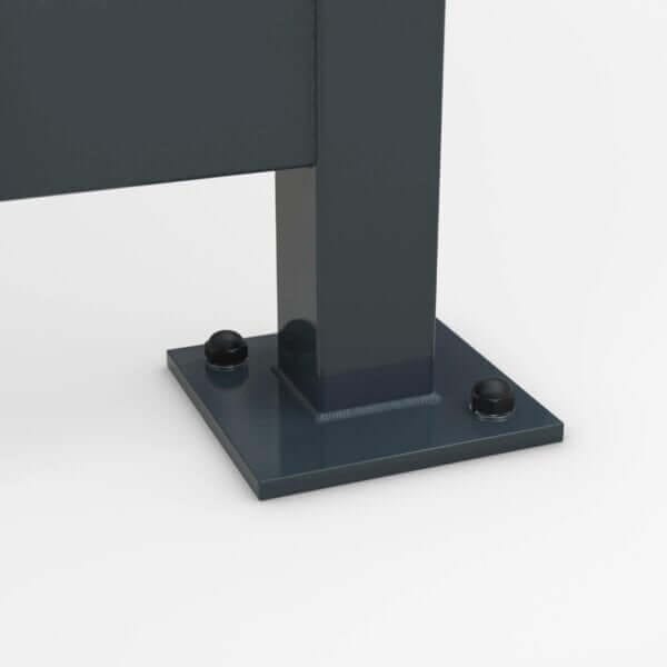 Fiets- rookoverkapping verankering met voetplaat Detailfoto van een voet van een fiets- rookoverkapping met glazen dak en zijwanden, 4,3x2m, verzinkt staal