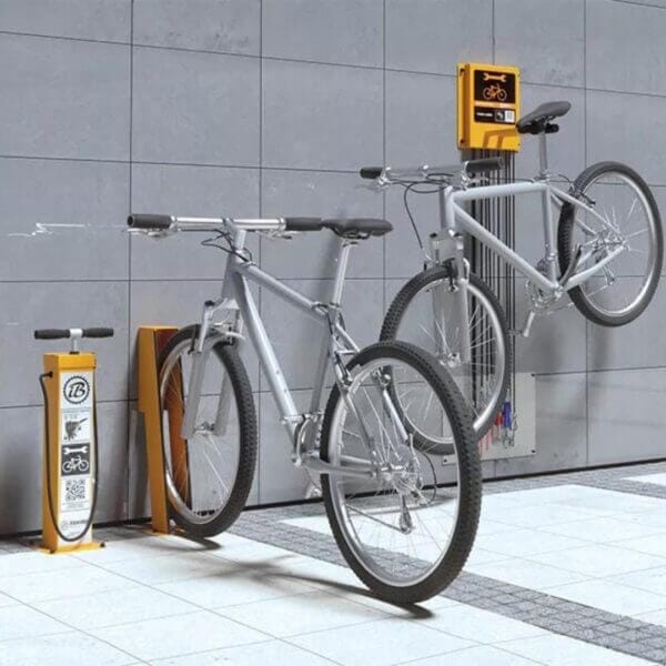 fietsreparatiestation-fietspomp-ibombo Fiets servicestation met gereedschap, ophangsysteem en fietspomp