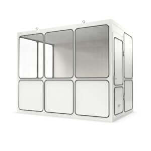 Prefab kantoorunit met meerdere ramen, geschikt voor flexibele werkplekken.