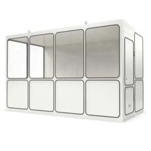 Verplaatsbare of tijdelijke kantoorunit met stevige constructie, voorzien van ramen en deur.