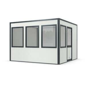 Kantoorunits 4x4 meter met ramen en deur voor compacte werkruimtes.