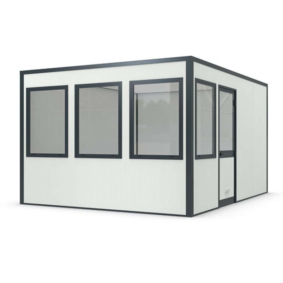 Kantoorunit met ramen en deur, ideaal voor flexibele werkplekken of tijdelijke kantoorruimte.