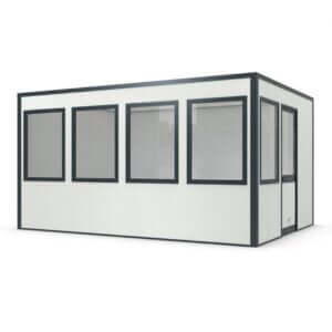 Bouwpakket kantoorunit voor binnen van 4,7 bij 3,6 meter met witte wanden en donkergrijze kozijnen