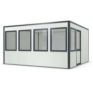 Tijdelijke kantoorunit met meerdere ramen voor optimaal lichtinval en flexibele opstelling