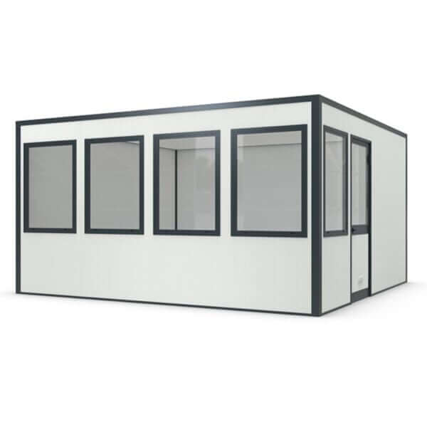 Tijdelijke kantoorunit met meerdere ramen voor optimaal lichtinval en flexibele opstelling