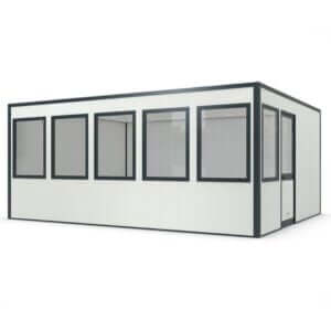 Luxe kantoorunit voor binnen met meerdere ramen voor helder licht en ventilatie, voor flexibele werkplekken.