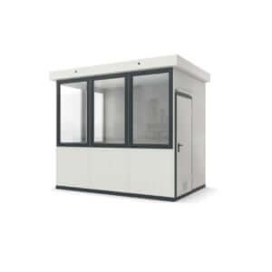 Compacte prefab kantoorunit met geïsoleerde panelen en grote ramen voor optimaal zicht.