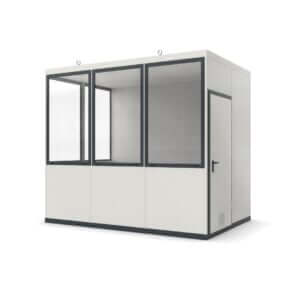 Mobiele kantoorunit voor binnen en buiten met ramen en deur.