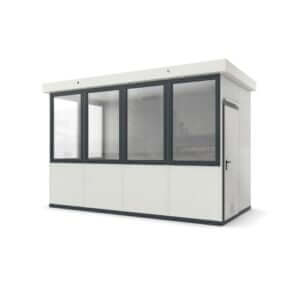 Kant-en-klare kantoorunit met geïsoleerde panelen en grote ramen voor een lichte werkomgeving.