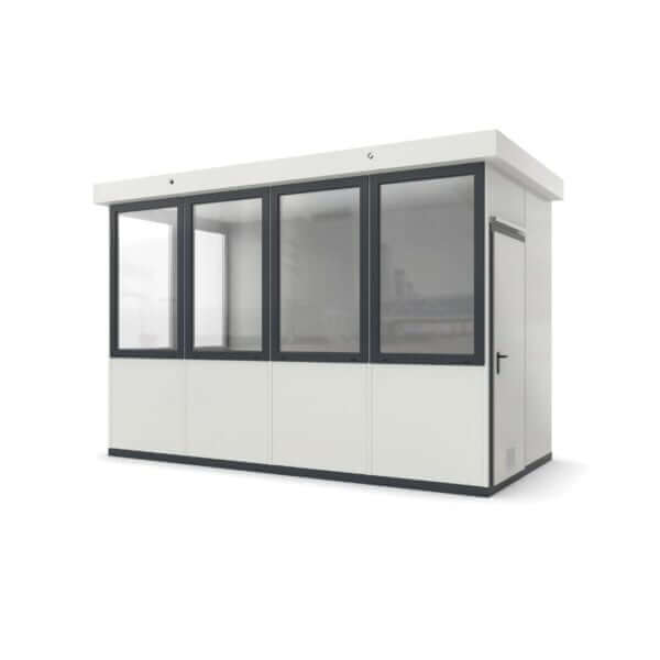 Kant-en-klare kantoorunit met geïsoleerde panelen en grote ramen voor een lichte werkomgeving.