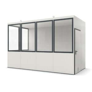 Verplaatsbare modulaire kantoorunit met raam en deur zonder vloer, ideaal voor flexibele werkruimtes.