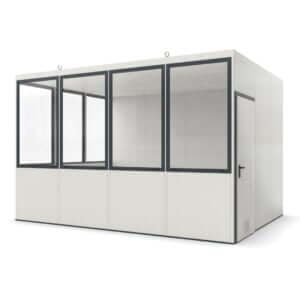 Modulaire kantoorunit met raam en deur zonder vloer, geschikt voor installatie op bestaande vloer.