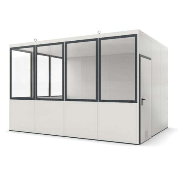 Modulaire kantoorunit met raam en deur zonder vloer, geschikt voor installatie op bestaande vloer.