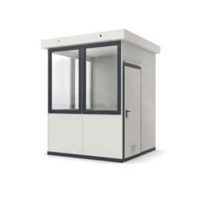 Verplaatsbaar kantoorunit met geïsoleerde panelen en grote ramen voor optimaal zicht.