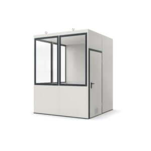 Zelfbouw kantoorunit 2x2m van Umfeldt met grote ramen, voor (tijdelijke) werkplekken.