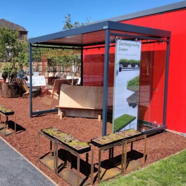 Rookoverkapping van 3x2 meter met stalen frame en ESG glas, leverbaar in diverse RAL-kleuren en maten.