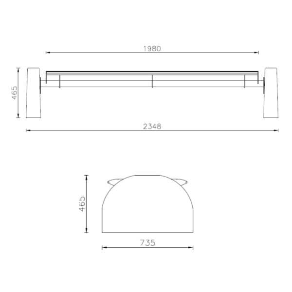 Technische tekening van een parkbank zonder rugleuning met betonnen voeten en metalen zitting.