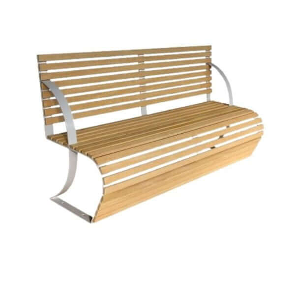 Houten parkbank met rugleuning en wit stalen frame op witte achtergrond.