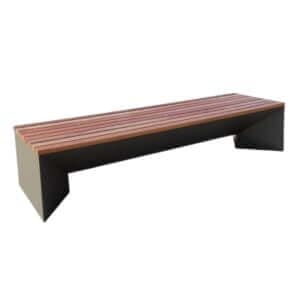 Design parkbank zonder rugleuning met houten zitting en stalen onderstel.