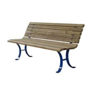 Straatbank met houten zitting en rugleuning, onderstel van blauw gecoat staal, ideaal als gemeente bankje in parken en openbare ruimtes