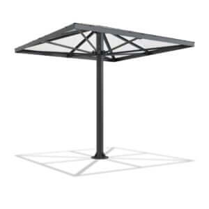 Vrijstaande rookoverkapping op één paal met stalen frame en transparant dak