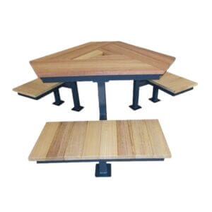 Robuuste picknickset met stalen frame en houten afwerking, geschikt voor intensief gebruik.