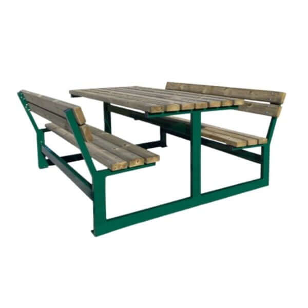 Robuuste picknickset met stalen frame en houten banken met rugleuning, te bestellen in diverse kleuren.
