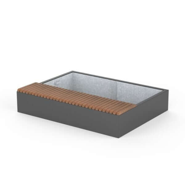 Op zoek naar een robuuste plantenbak met zitgedeelte? Dit model van staal en hardhout is ideaal voor openbare ruimtes.